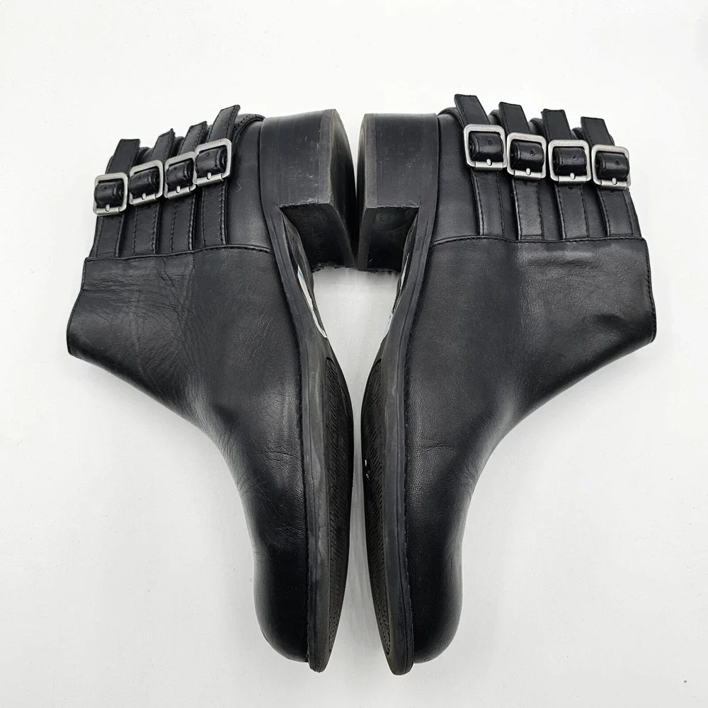 Franco Sarto Cyan Boots Women 6.5 Black Leather Ankle Booties Buckles Block Heel